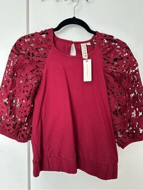 Anthropologie dolan Burgundy Crochet Puff Sleeve Sweatshirt